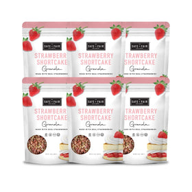 Safe and Fair Strawberry Shortcake Granola packaging highlights allergen-safe facility.