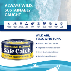 Safe Catch Ahi Yellowfin tuna can close-up showing pure meat and slow cooking.
