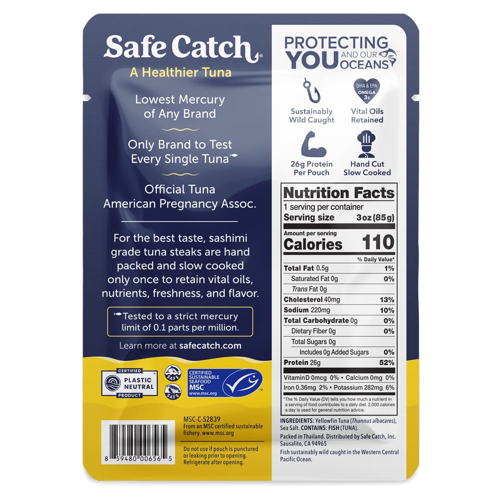 Safe Catch Ahi Yellowfin Tuna pouch shows 26 g protein per serving for sustained energy.