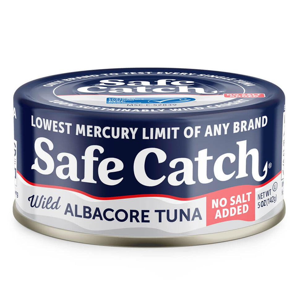 Safe Catch albacore tuna no salt added can shown, ideal for customizable meals.