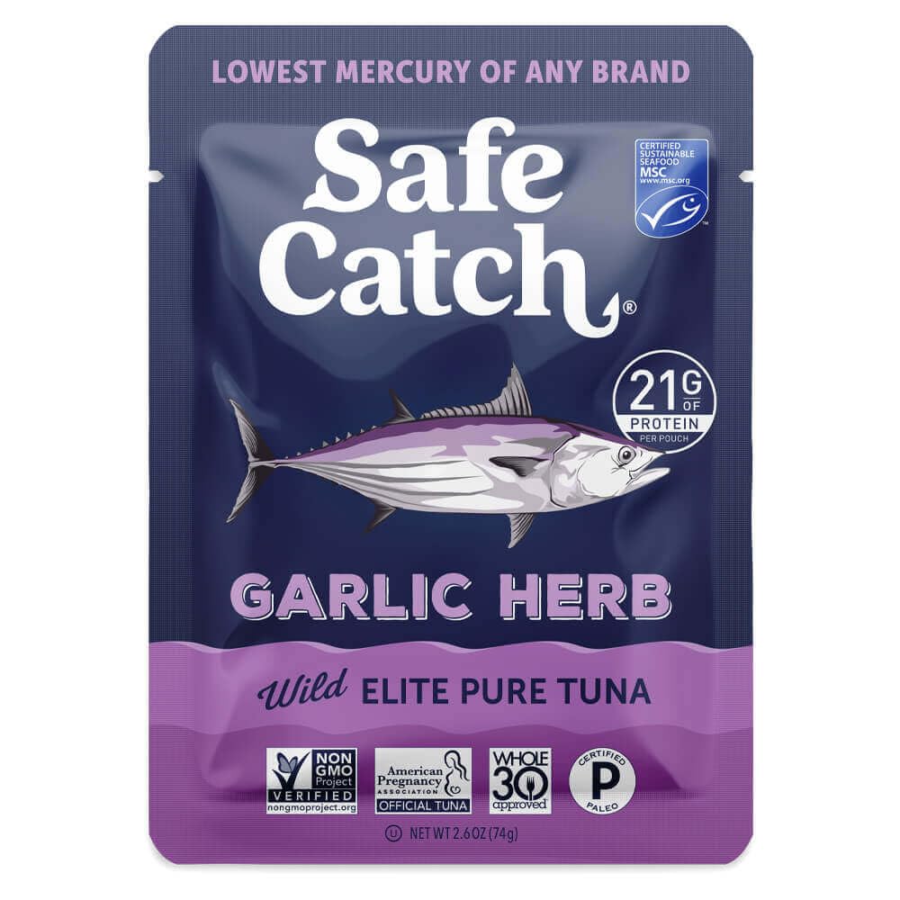 Safe Catch Elite garlic herb tuna pouch front view highlighting convenient ready-to-eat protein.