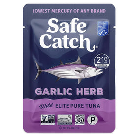 Safe Catch Elite garlic herb tuna pouch front view highlighting convenient ready-to-eat protein.