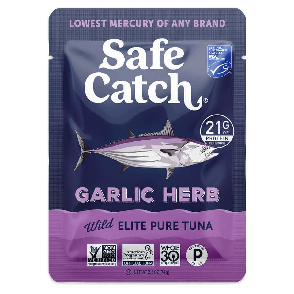 Safe Catch Elite garlic herb tuna pouch front view highlighting convenient ready-to-eat protein.