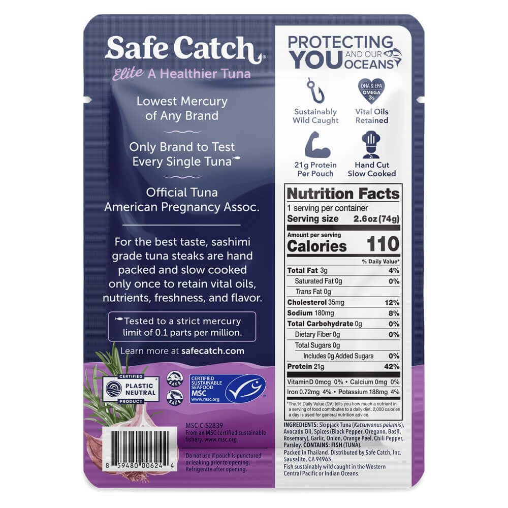 Safe Catch Elite mercury-testing label indicates the lowest mercury level among catches.