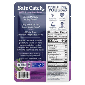 Safe Catch Elite mercury-testing label indicates the lowest mercury level among catches.