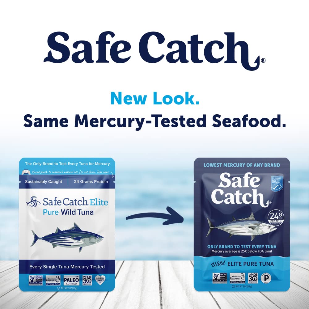 Safe Catch Elite omega-3 boost graphic highlights natural fats for brain and heart.