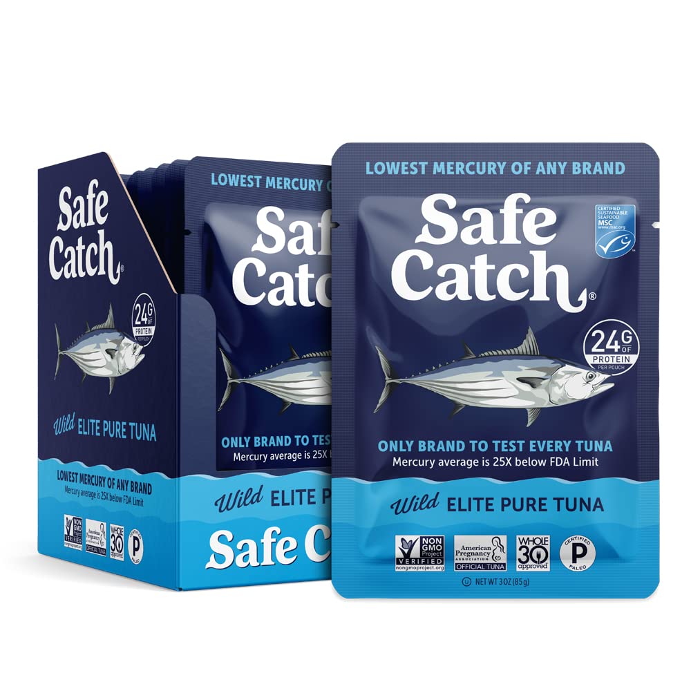 Safe Catch Elite tuna pouch front view for on-the-go protein.