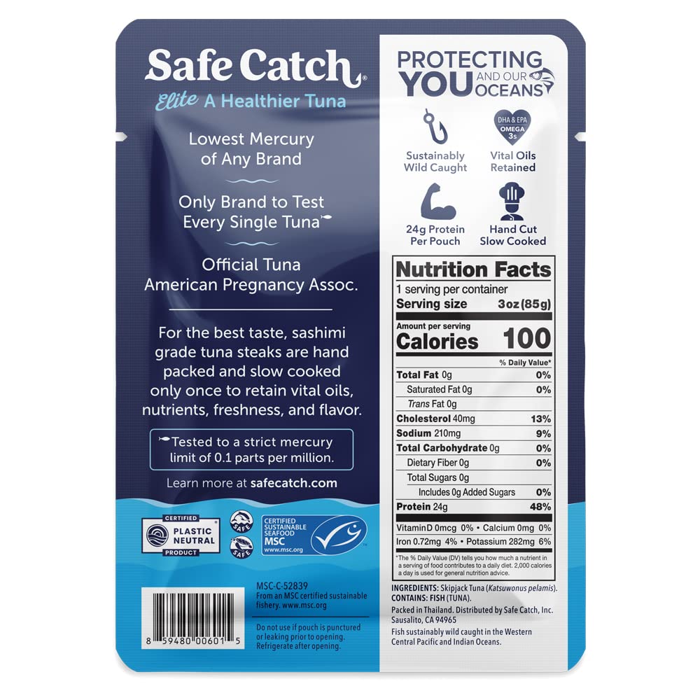 Safe Catch Elite tuna nutrition panel emphasizes high protein and Omega-3.