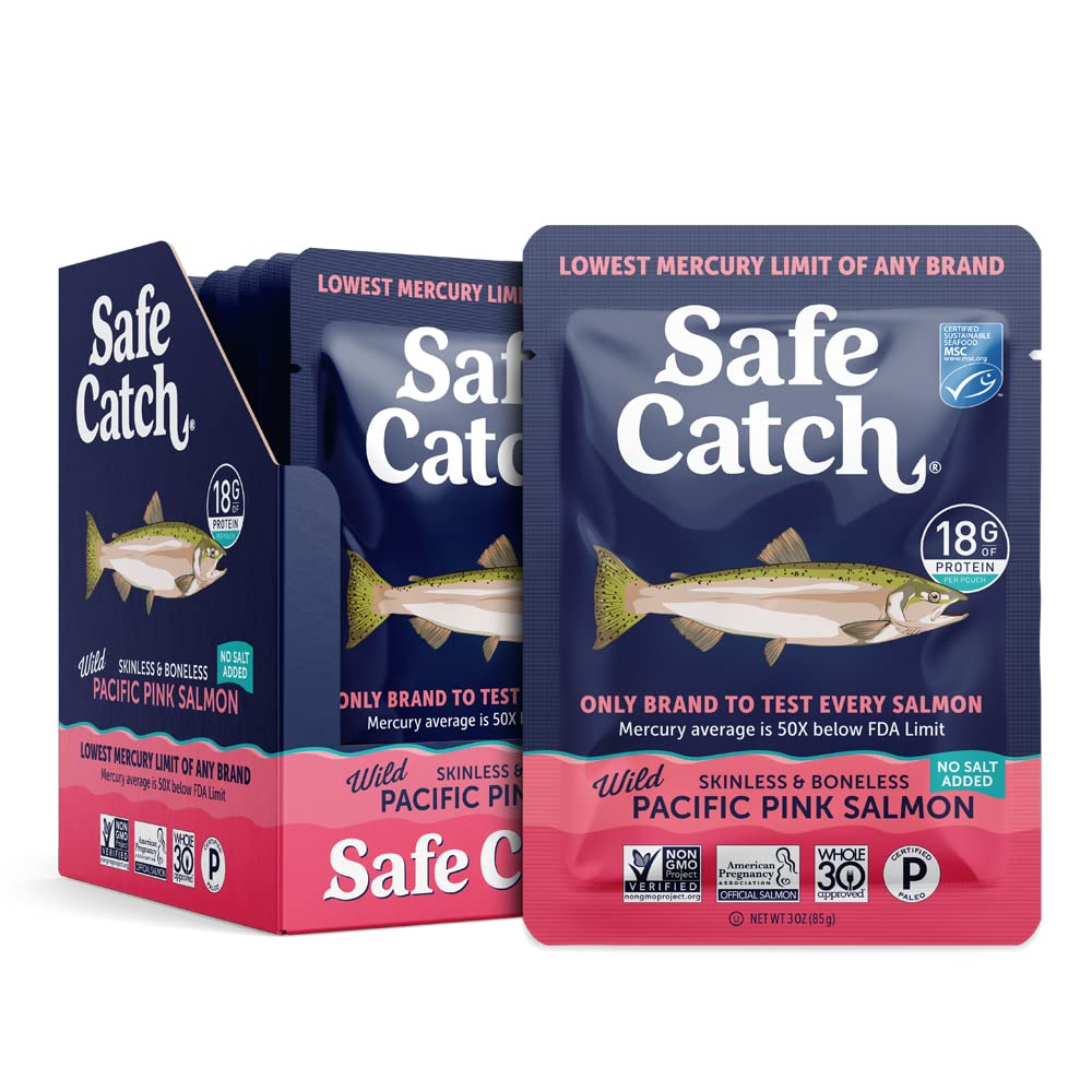 Safe Catch mercury tested labeling on pouch, low-mercury option for mindful snacking.