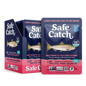 Safe Catch mercury tested labeling on pouch, low-mercury option for mindful snacking.