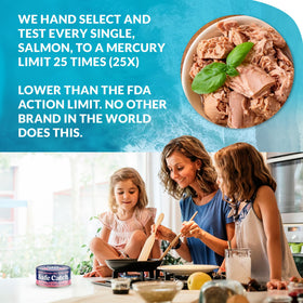 Safe Catch mercury-tested label on canned salmon signals low mercury levels.