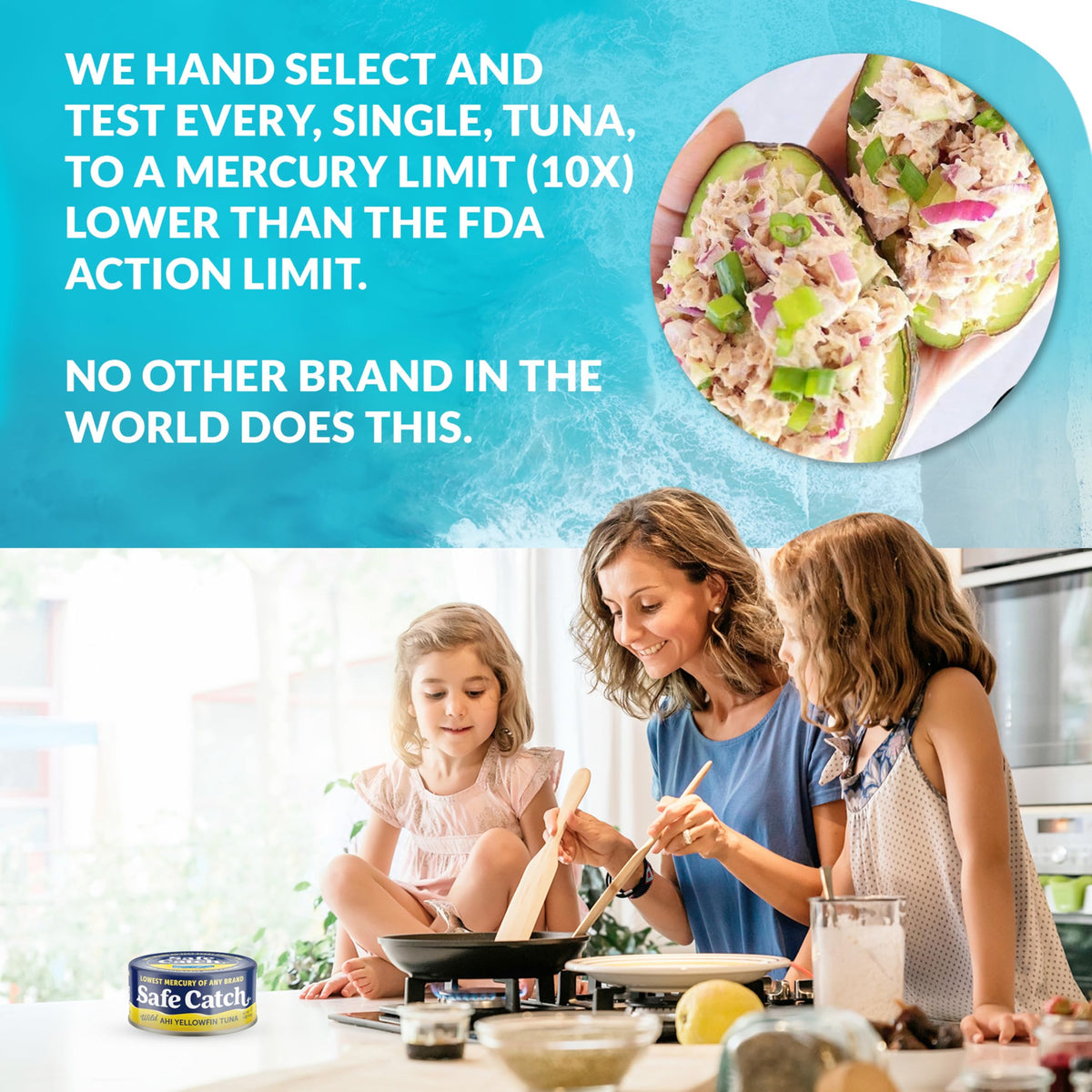 Safe Catch mercury-tested tuna label highlighting low mercury levels.