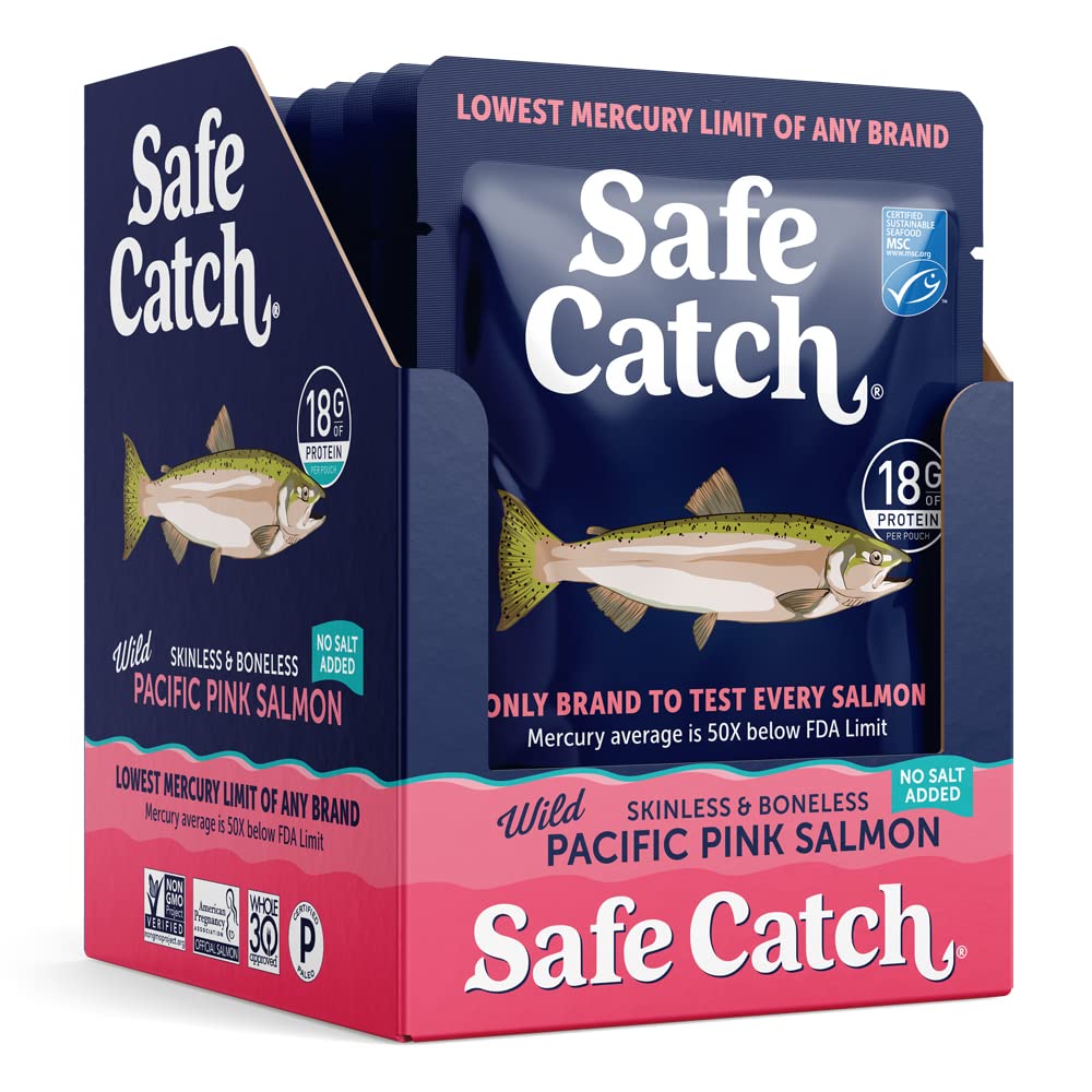 Safe Catch MSC-certified wild Pacific salmon pouch, sustainably sourced and ocean-friendly.