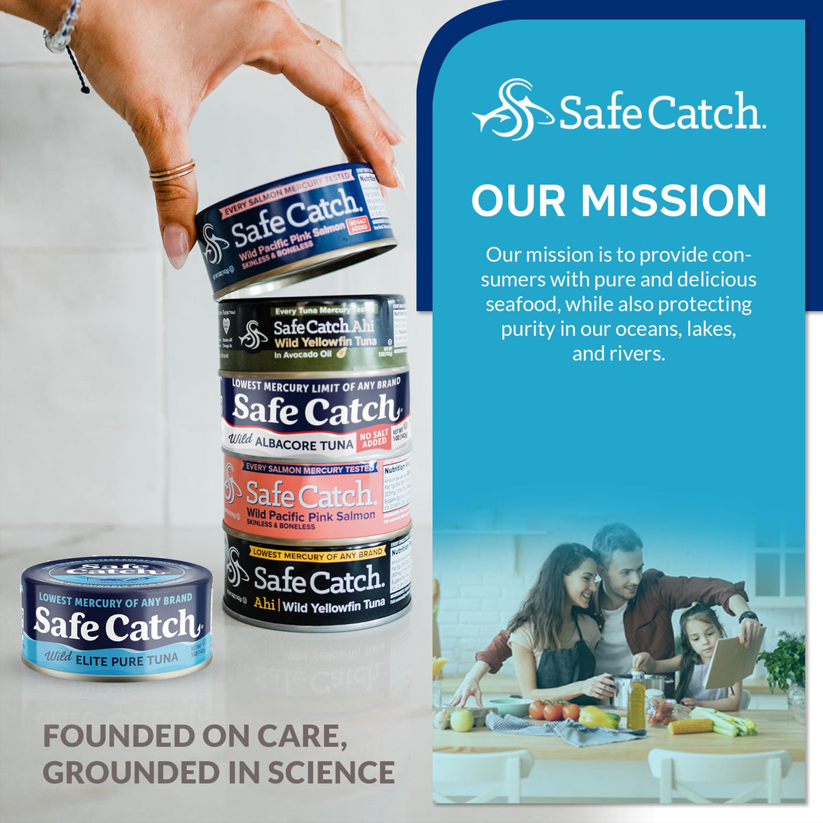 Open Safe Catch tuna can beside salad, a quick healthy lunch idea.