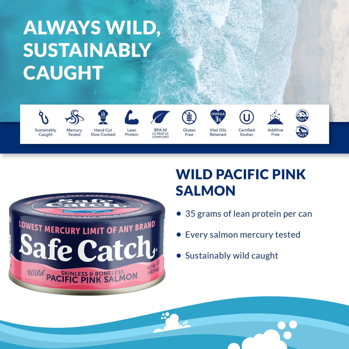 Safe Catch wild pink salmon can reveals premium fillets and a clean ingredient profile.