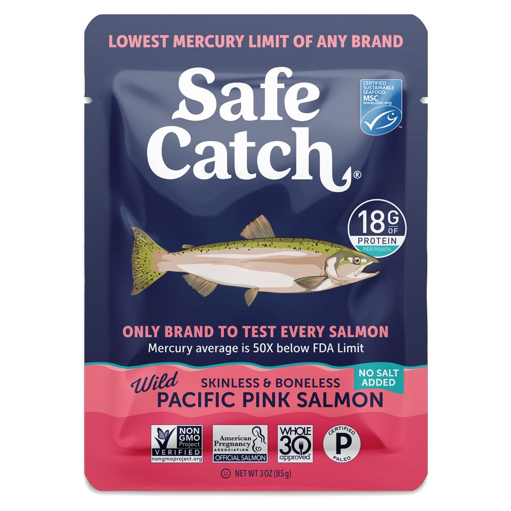 Safe Catch skinless boneless salmon pouch, protein-packed convenience for quick meals.