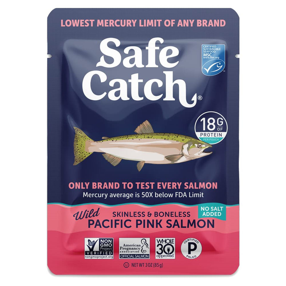 Safe Catch skinless boneless salmon pouch, protein-packed convenience for quick meals.