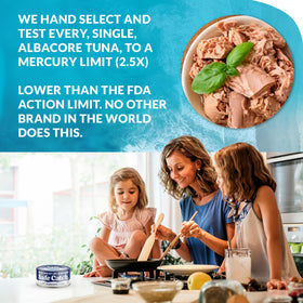 Safe Catch Wild Albacore Tuna can ingredients image emphasizing artisanal, water and oil-free tuna