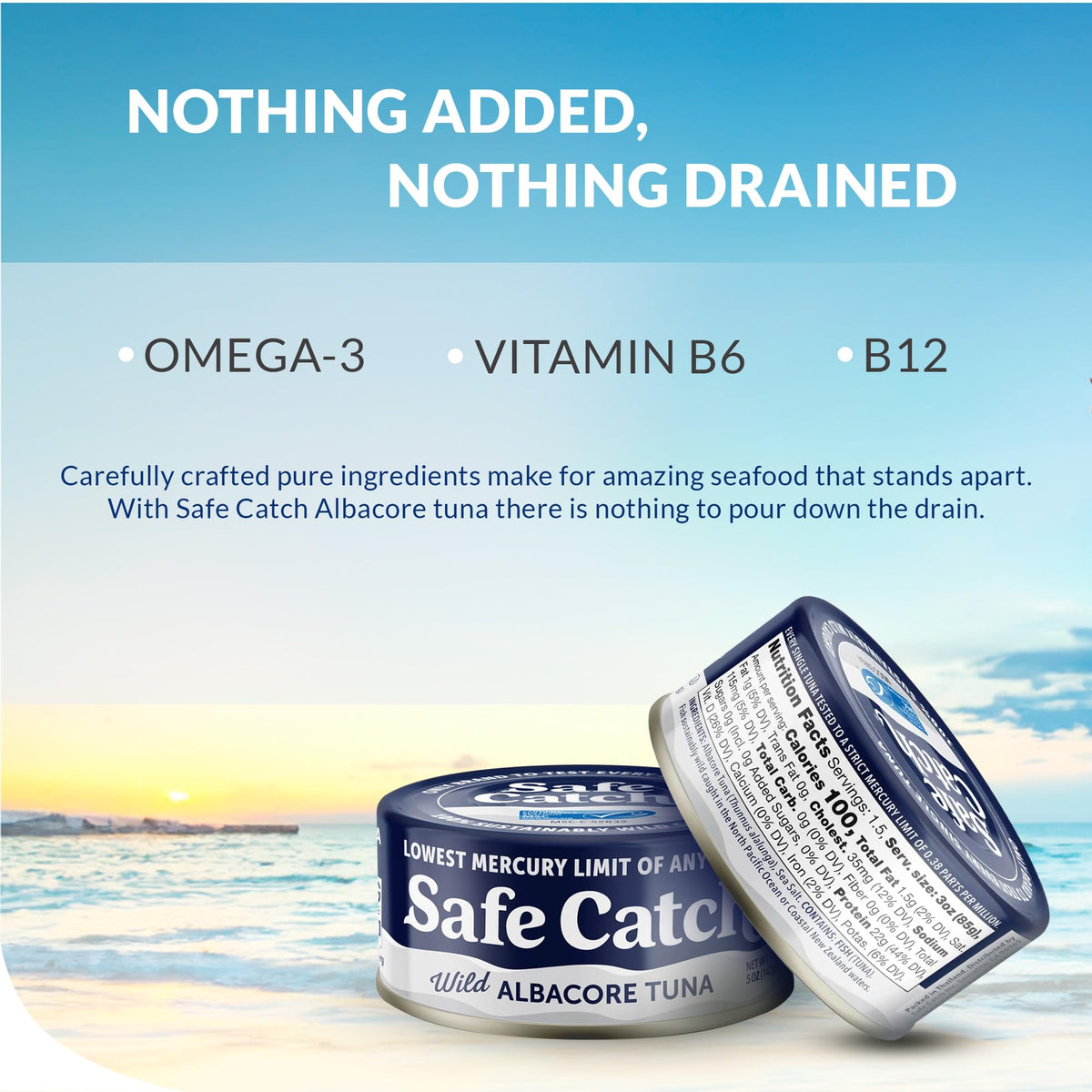 Safe Catch Wild Albacore Tuna opened can revealing solid tuna steak in natural juices