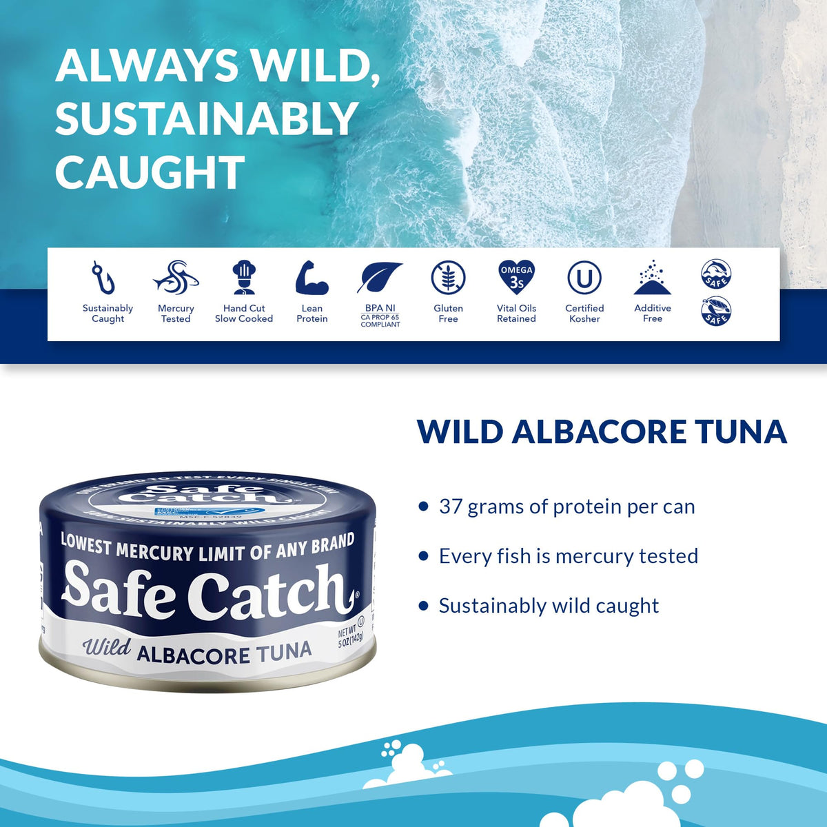 Safe Catch Wild Albacore Tuna can side profile showing compact, no-fillers packaging