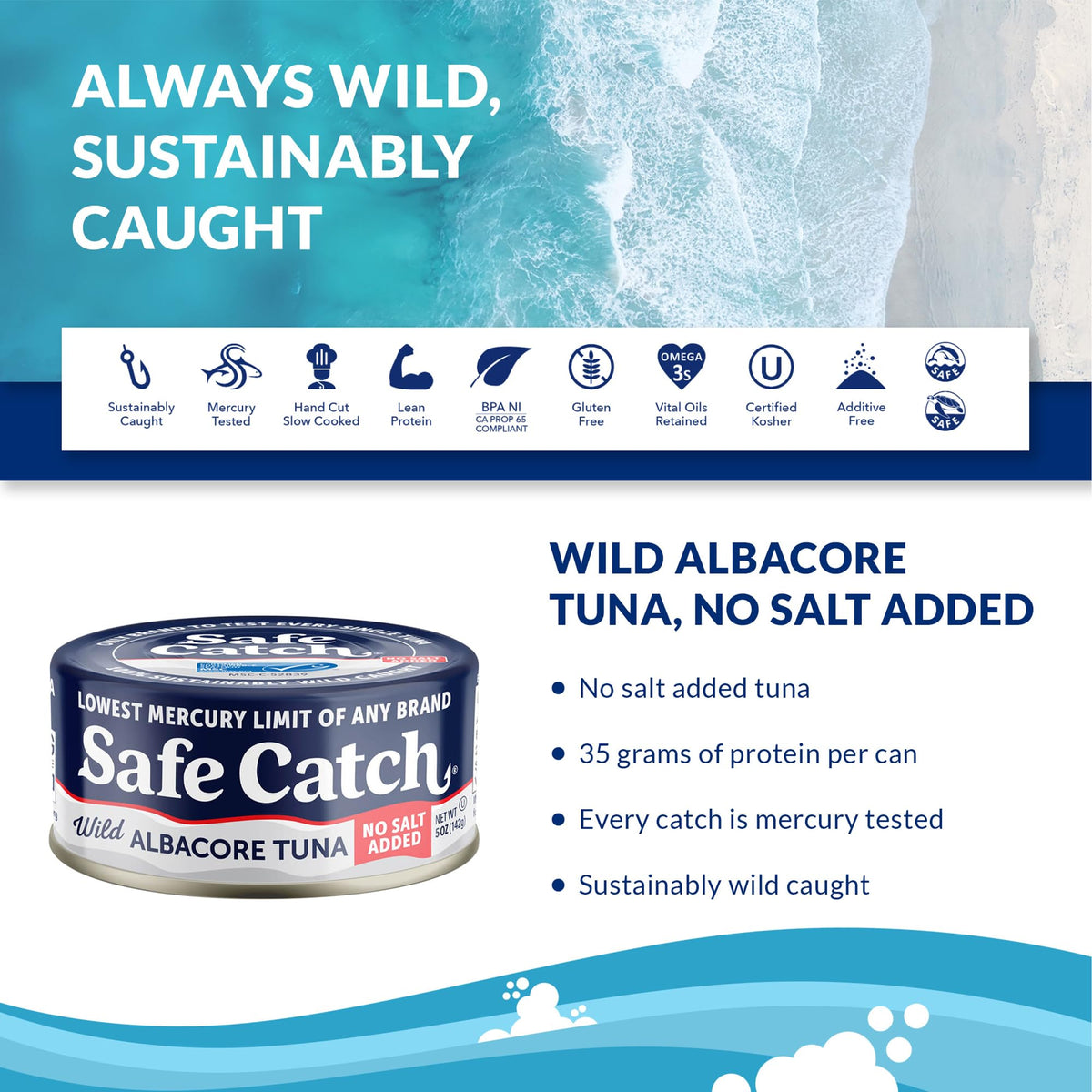 Safe Catch wild albacore tuna ingredients label highlighting quality and purity.