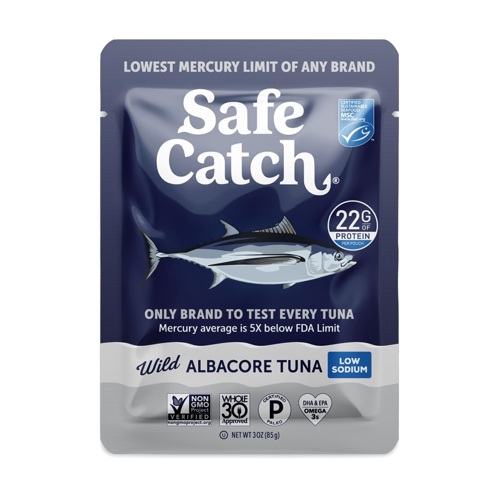 Safe Catch Wild Albacore Tuna Pouch closeup highlights lean protein for meals.