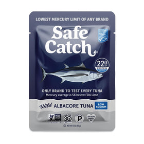 Safe Catch Wild Albacore Tuna Pouch closeup highlights lean protein for meals.
