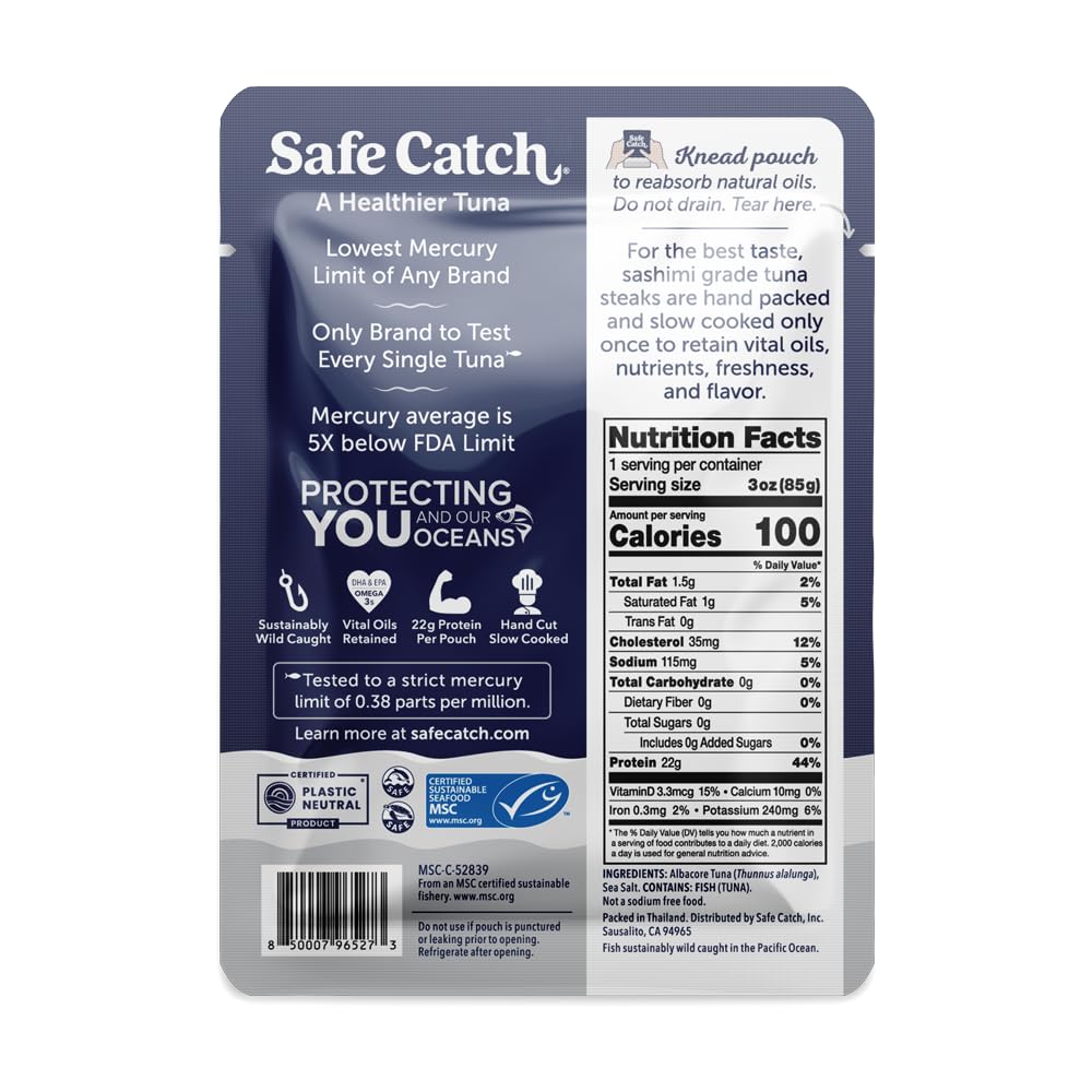 Safe Catch Wild Albacore Tuna Pouch packaging emphasizes sustainable sourcing.