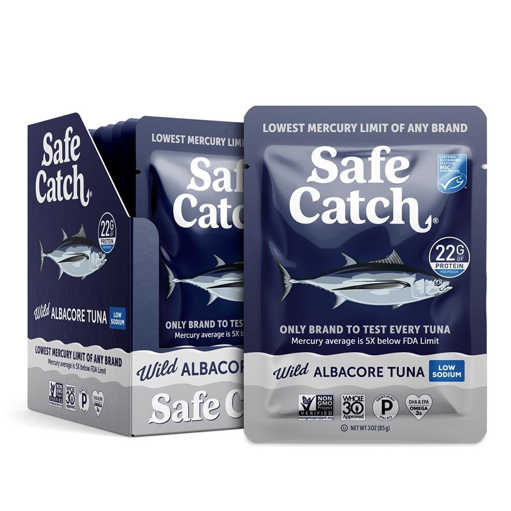 Safe Catch Wild Albacore Tuna Pouch nutrition label shows low mercury and omega-3s.