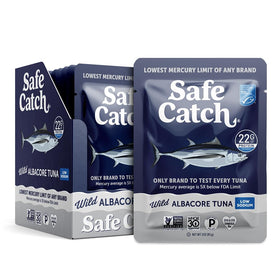 Safe Catch Wild Albacore Tuna Pouch nutrition label shows low mercury and omega-3s.