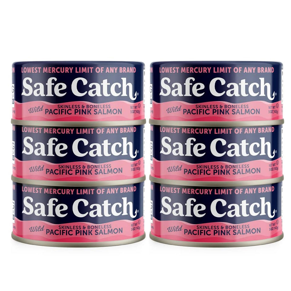 Safe Catch pink salmon can with skinless fillets, ready for a quick, protein-packed meal.