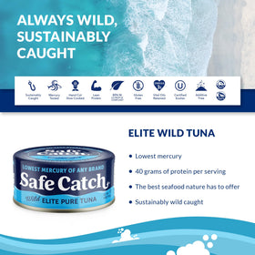Safe Catch Wild Tuna 5oz can display, emphasizing convenient protein-packed lunch option.