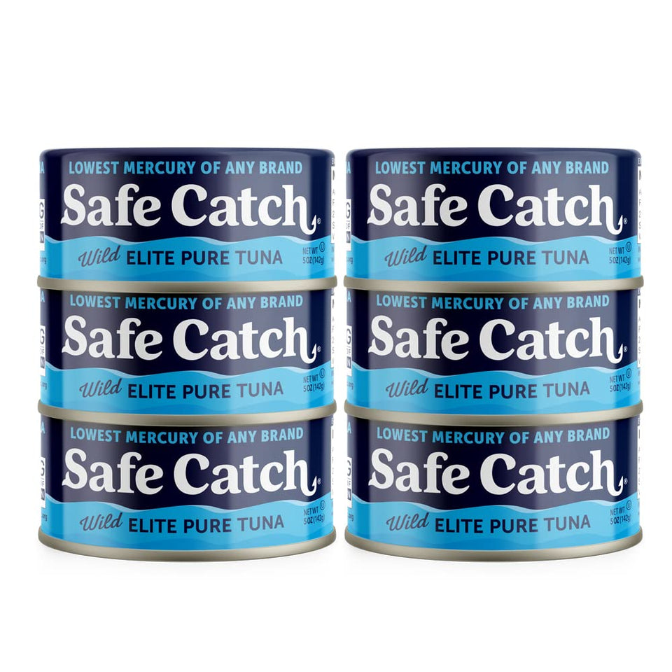Safe Catch Wild Tuna can close-up, showcasing premium quality and low mercury.
