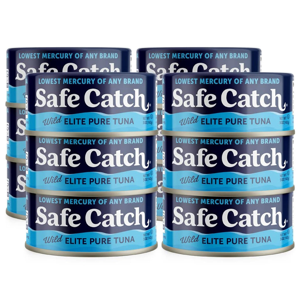 Safe Catch wild tuna can opened beside a fresh salad, a low mercury protein option.