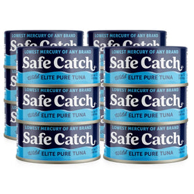 Safe Catch wild tuna can opened beside a fresh salad, a low mercury protein option.