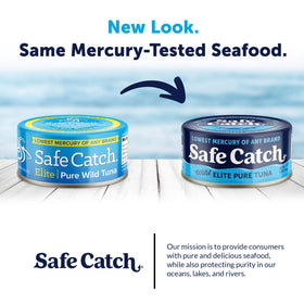 Safe Catch tuna label shows gluten-free and kosher certifications.