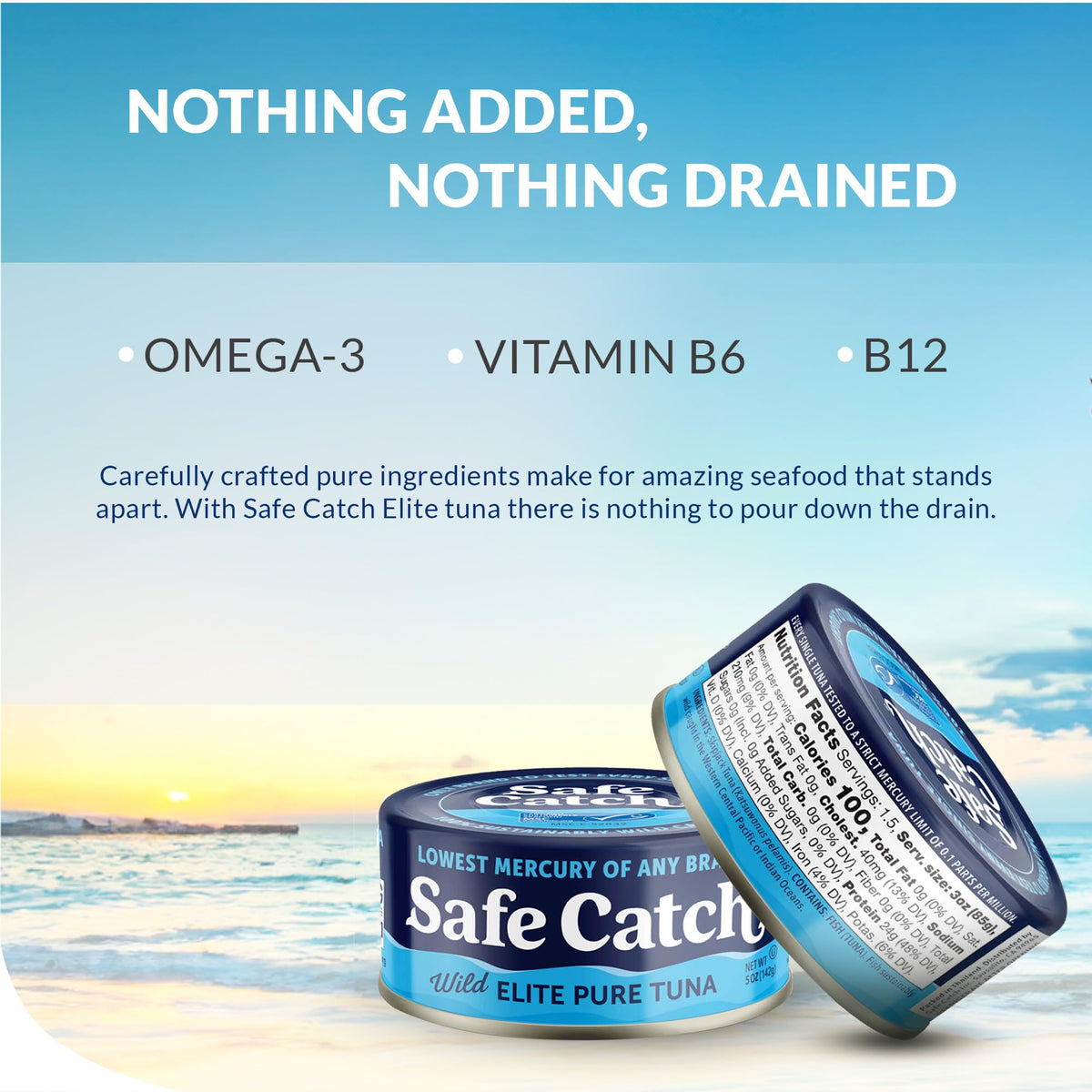 Safe Catch Wild Tuna on a plate with greens, illustrating omega-3 rich nourishment.