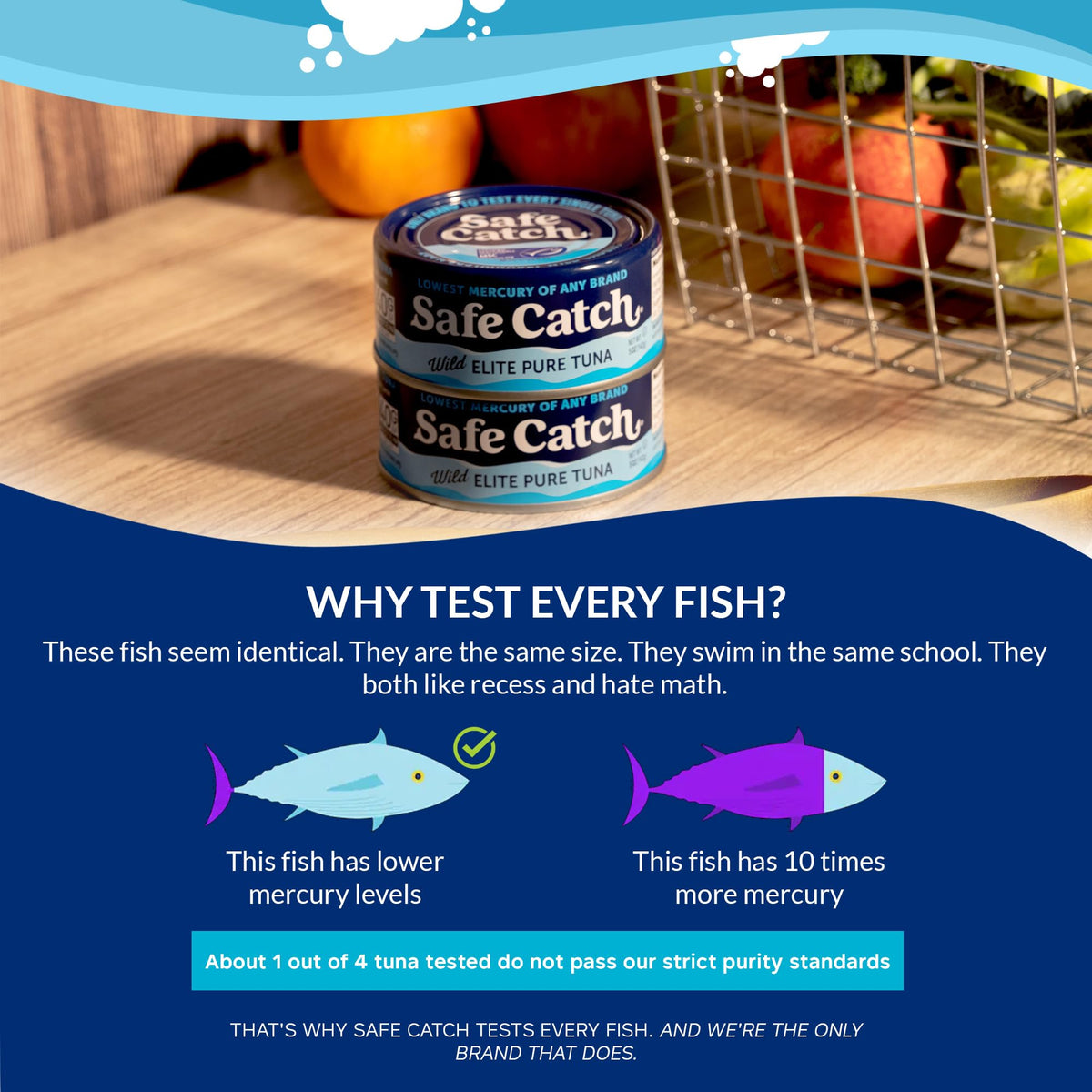Safe Catch sustainability label on the can, noting responsible wild-caught sourcing.