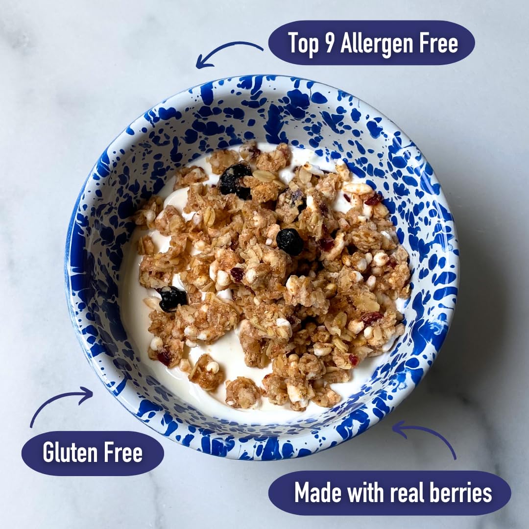 Bowl of Safe + Fair All American Granola with fruits, ideal for breakfast.