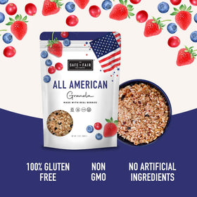 Closeup of Safe + Fair All American Granola ingredients with real berries.