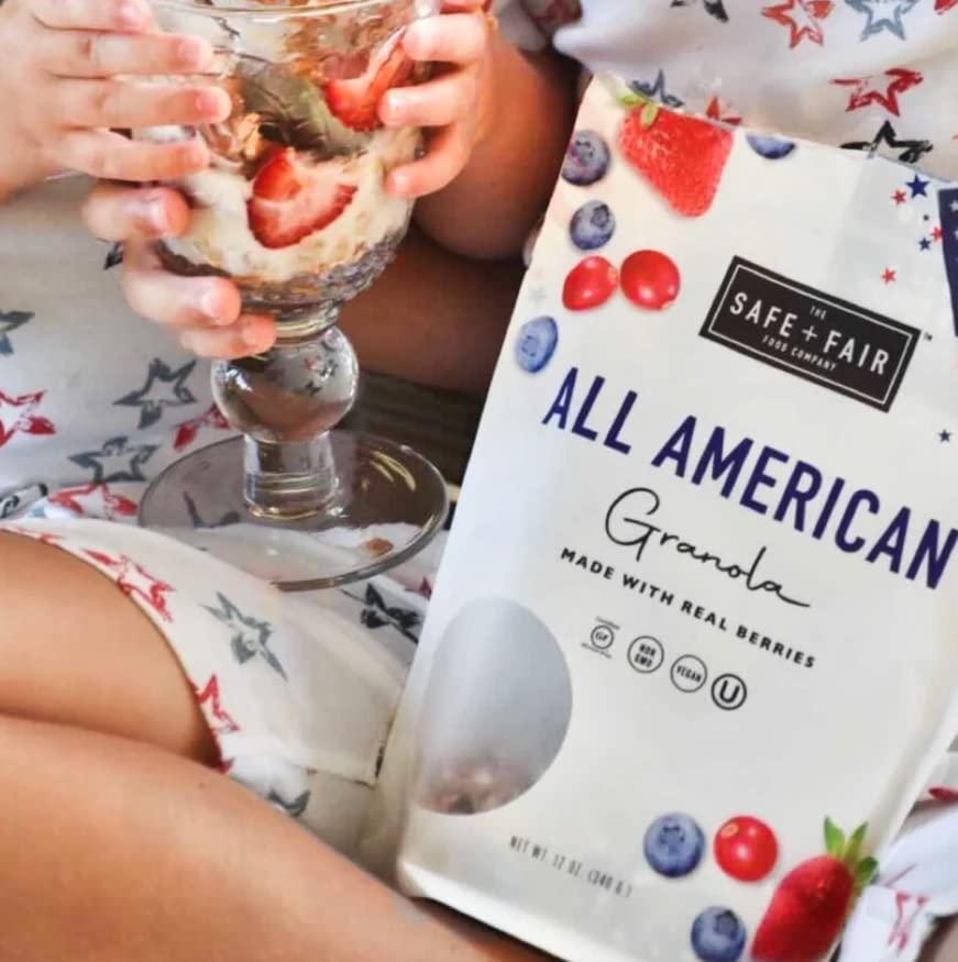 Open Safe + Fair All American Granola pack on shelf for easy access.