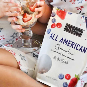 Open Safe + Fair All American Granola pack on shelf for easy access.