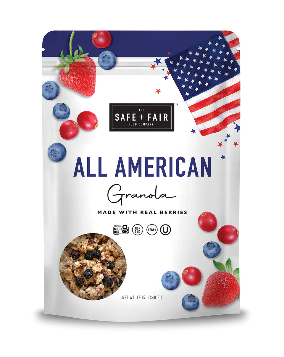 Safe + Fair All American Granola packshot highlighting gluten-free, vegan ingredients.