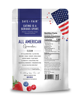 Spoonful of Safe + Fair All American Granola showing crunch and wholesome texture.