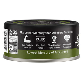 Safecatch Wild Ahi Yellowfin Tuna can closeup, premium lean protein for salads and sandwiches.