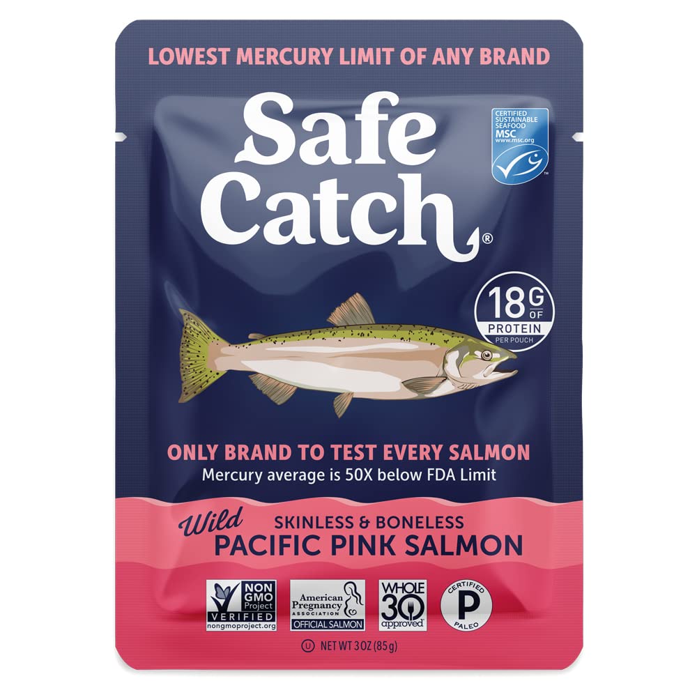 Safe Catch Wild Pacific Pink Salmon pouch open for quick portioning