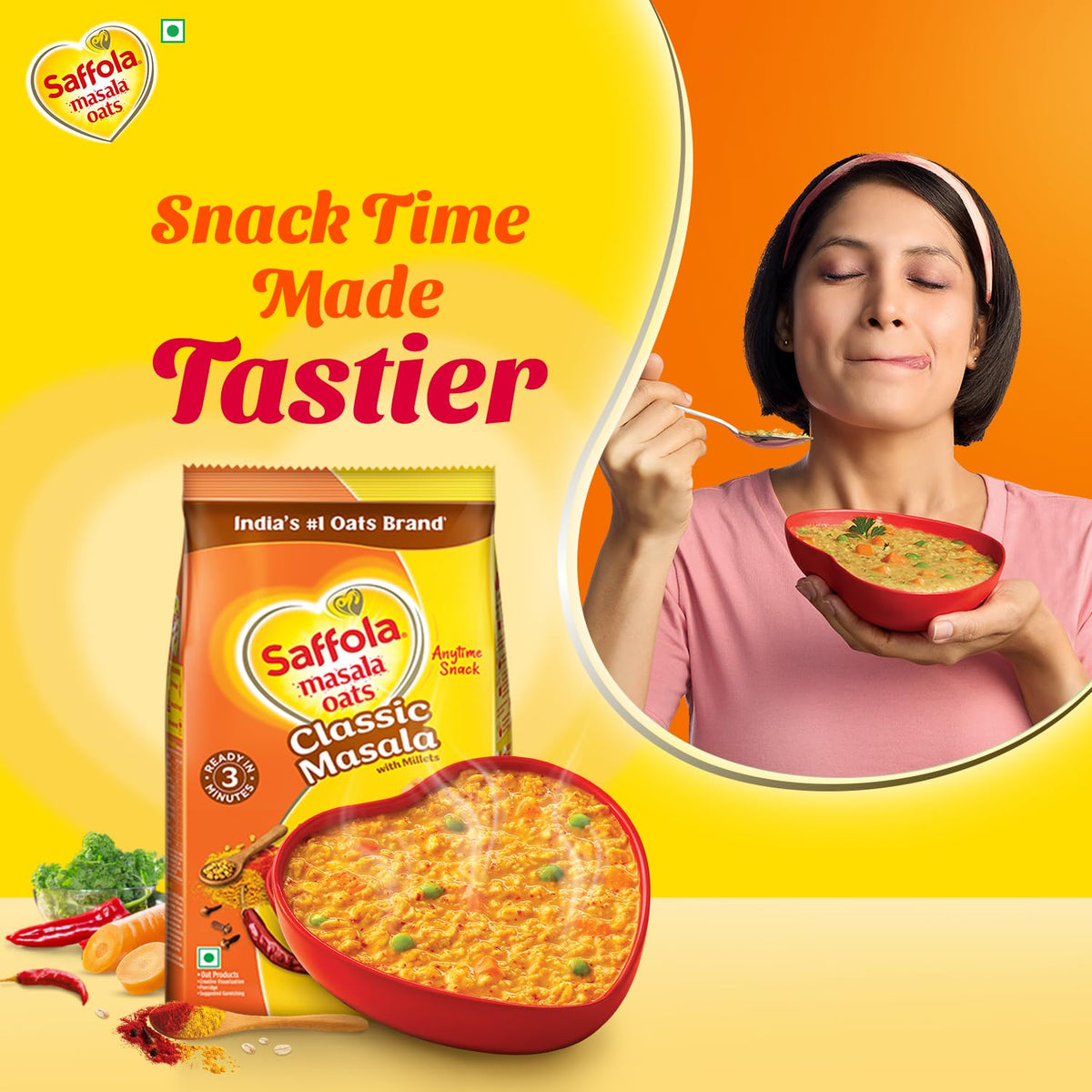 Saffola Masala Oats in a bowl with vegetables and real ingredients