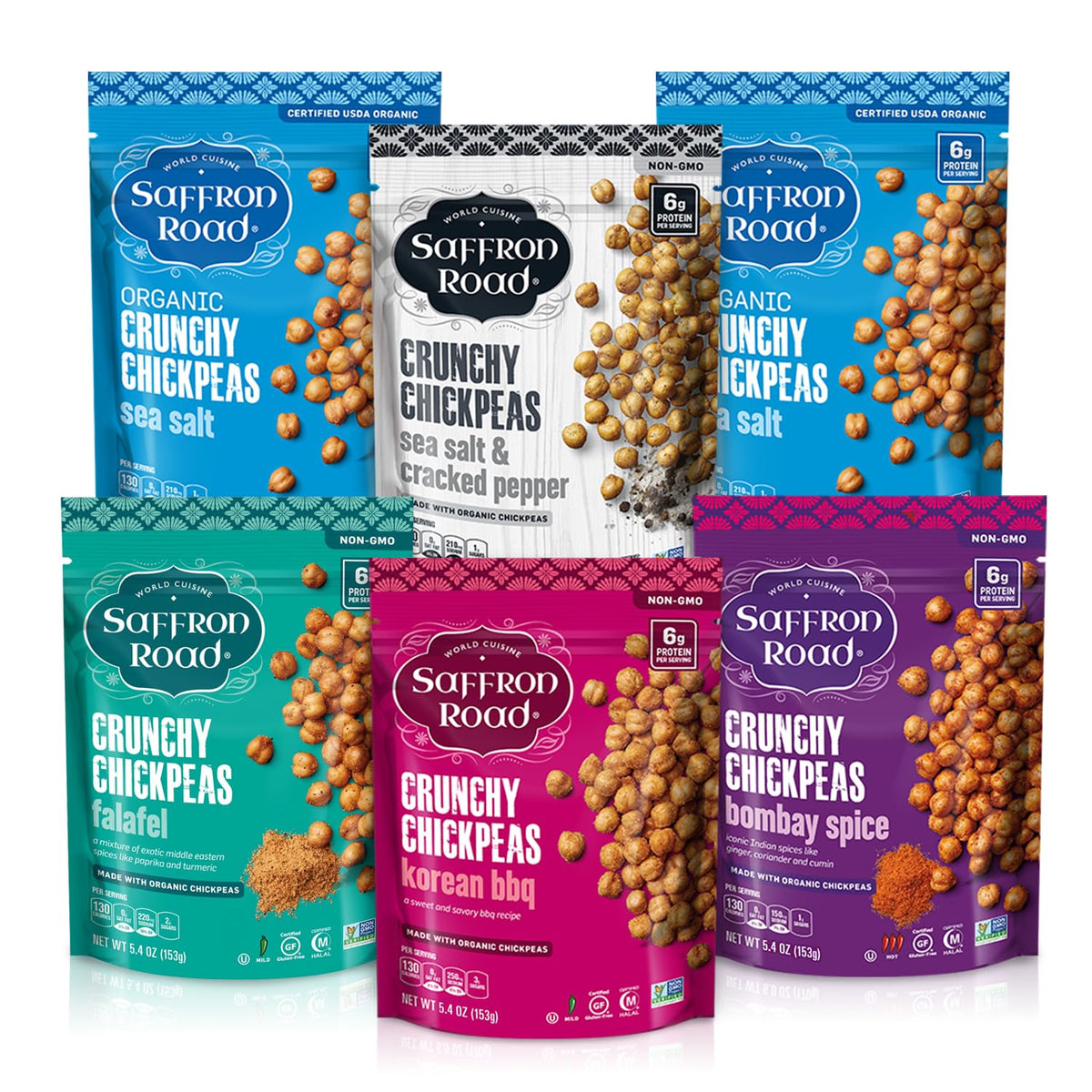 Saffron Road Crunchy Chickpeas Bombay Spice pack on table, great for on-the-go snacking.
