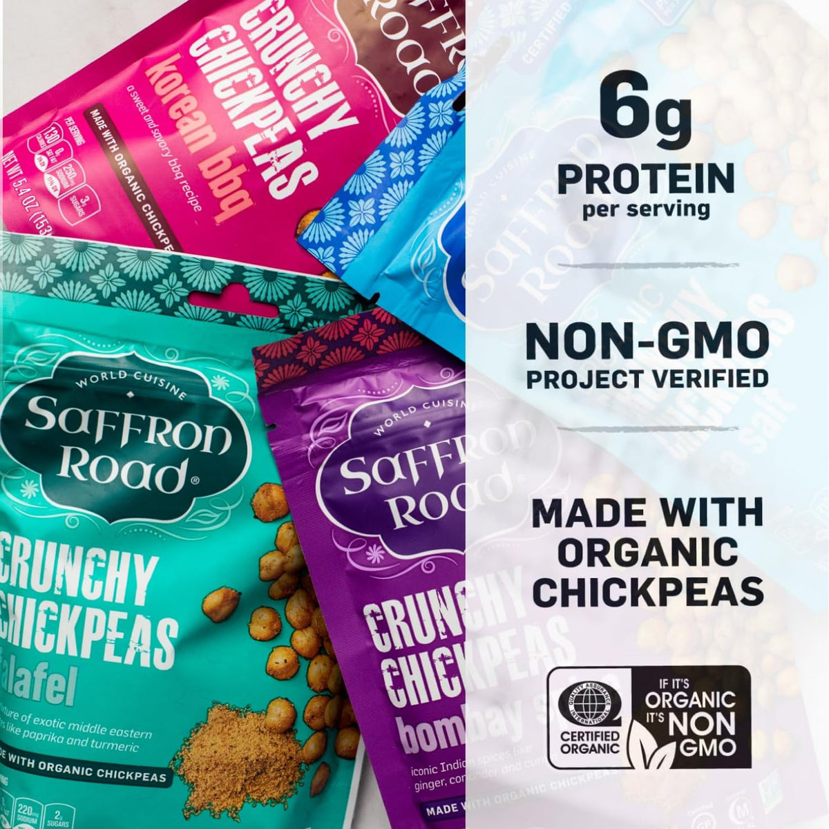 Saffron Road Crunchy Chickpeas Falafel close-up, vegan protein snack with bold spices.