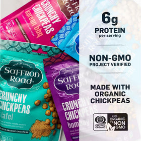 Saffron Road Crunchy Chickpeas Falafel close-up, vegan protein snack with bold spices.